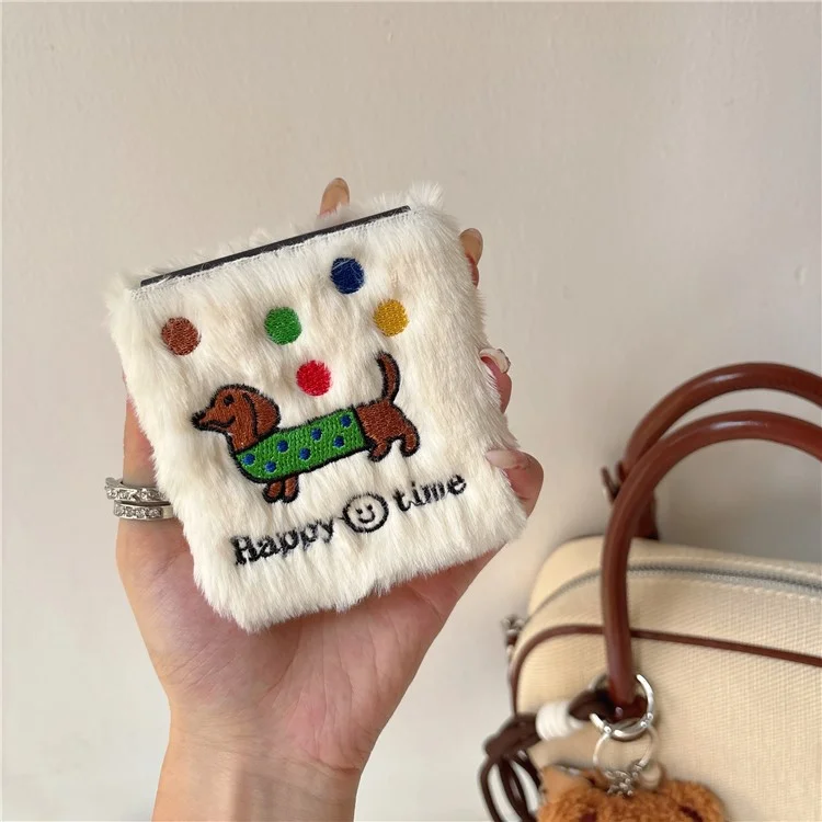 KJS-029 For Samsung Galaxy Z Flip6 5G Case Embroidered Dachshund Hard PC Plush Furry Phone Cover - White
