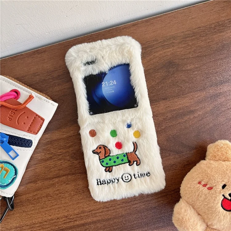 KJS-029 For Samsung Galaxy Z Flip6 5G Case Embroidered Dachshund Hard PC Plush Furry Phone Cover - White