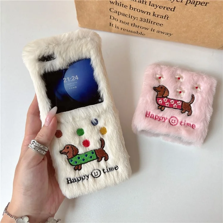 KJS-029 For Samsung Galaxy Z Flip6 5G Case Embroidered Dachshund Hard PC Plush Furry Phone Cover - White