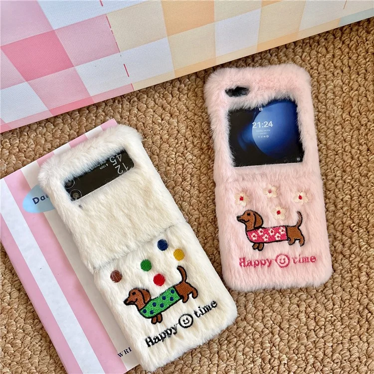 KJS-029 For Samsung Galaxy Z Flip6 5G Case Embroidered Dachshund Hard PC Plush Furry Phone Cover - White