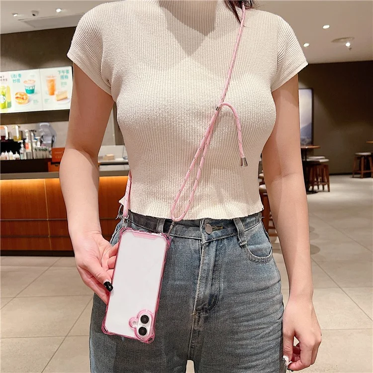 Pour Iphone 16 Plus Case Tpu + Acrylique Couverture de Téléphone Avec Bandoulière - Rose