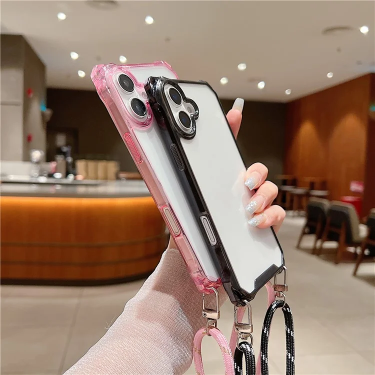 Pour Iphone 16 Plus Case Tpu + Acrylique Couverture de Téléphone Avec Bandoulière - Rose