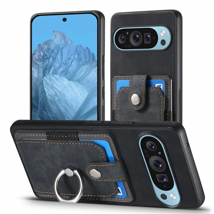 Per Google Pixel 9 Pro XL Case Kickstand in Pelle+slot di Scheda di Copertina di Protezione Non Slip Tpu - Nero