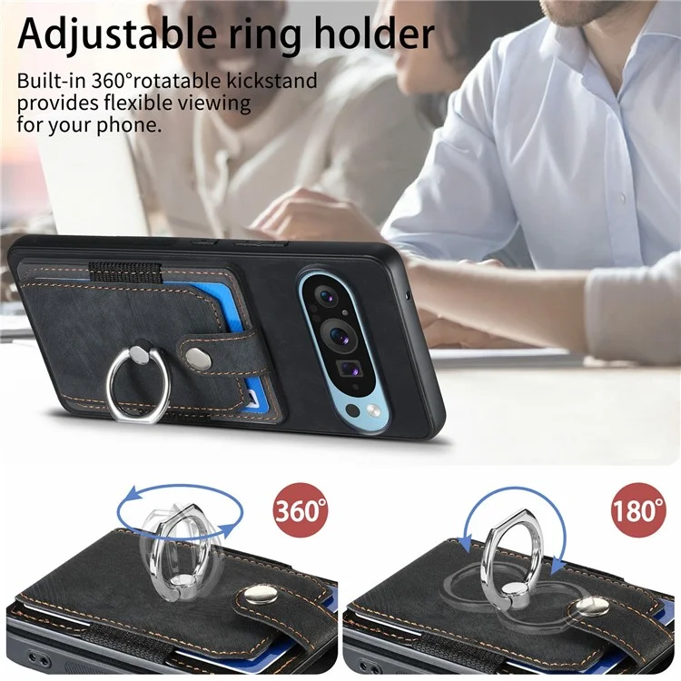 Per Google Pixel 9 Pro XL Case Kickstand in Pelle+slot di Scheda di Copertina di Protezione Non Slip Tpu - Nero