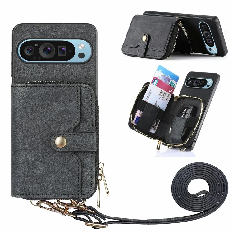 Für Google Pixel 9 Pro XL Hülle Zipper -kartenhalter PU Leather Telefon Zurück Mit Langem Riemen - Schwarz