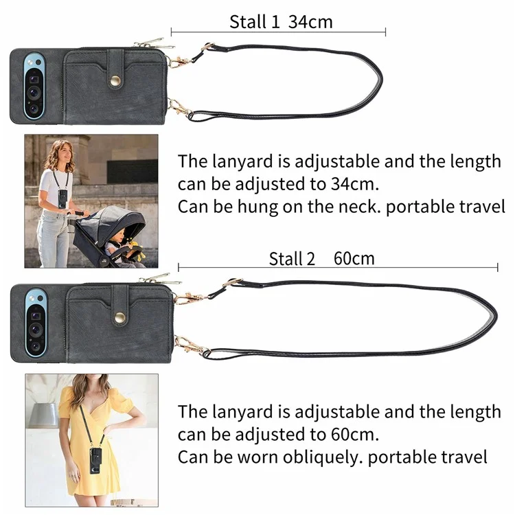 Für Google Pixel 9 Pro XL Hülle Zipper -kartenhalter PU Leather Telefon Zurück Mit Langem Riemen - Schwarz