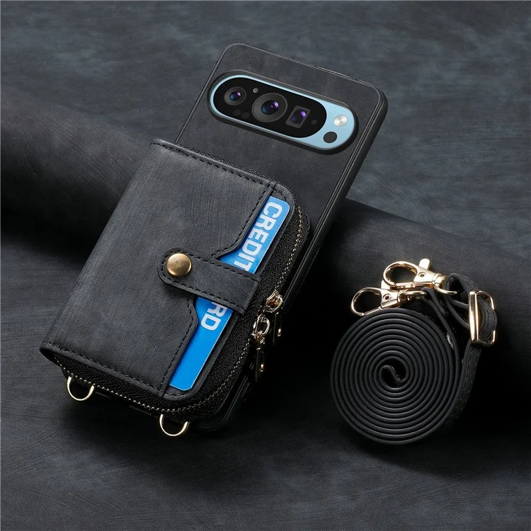 Für Google Pixel 9 Pro XL Hülle Zipper -kartenhalter PU Leather Telefon Zurück Mit Langem Riemen - Schwarz