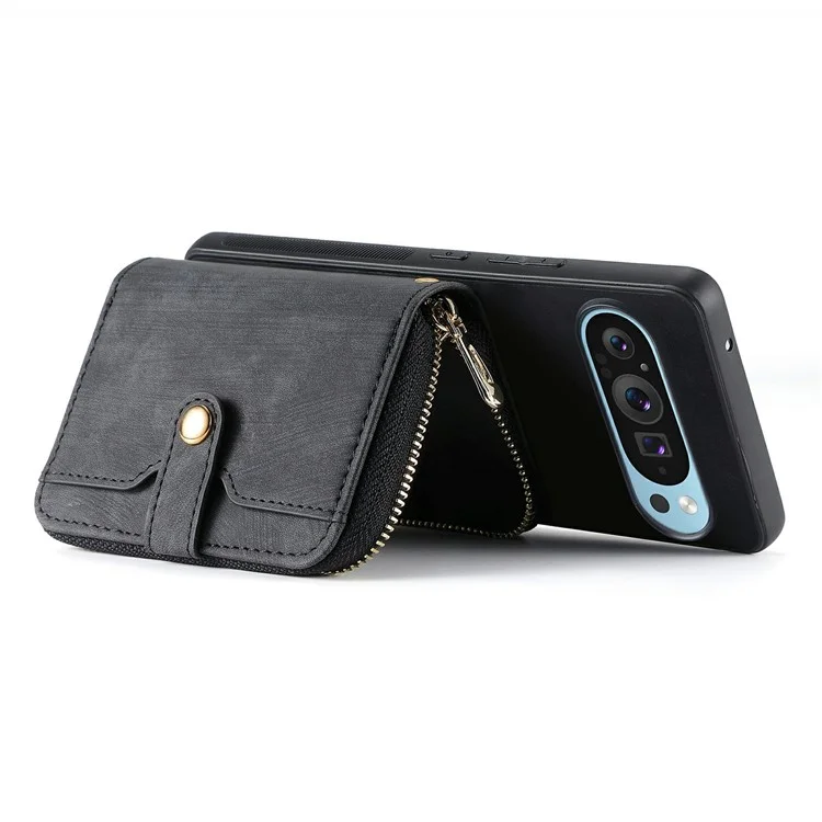Für Google Pixel 9 Pro XL Hülle Zipper -kartenhalter PU Leather Telefon Zurück Mit Langem Riemen - Schwarz