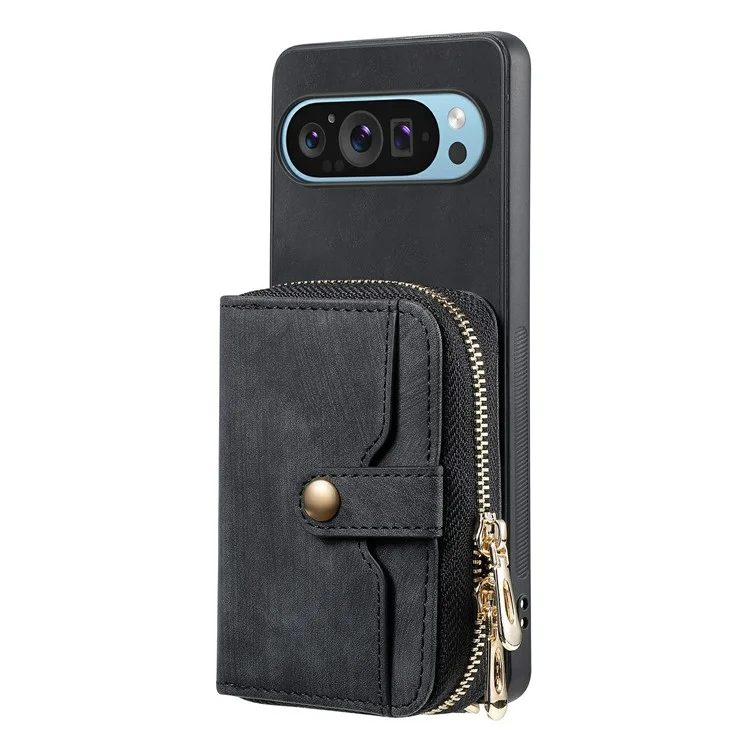 Für Google Pixel 9 Pro XL Hülle Zipper -kartenhalter PU Leather Telefon Zurück Mit Langem Riemen - Schwarz