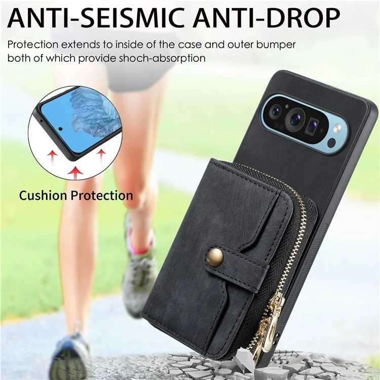 Für Google Pixel 9 Pro XL Hülle Zipper -kartenhalter PU Leather Telefon Zurück Mit Langem Riemen - Schwarz