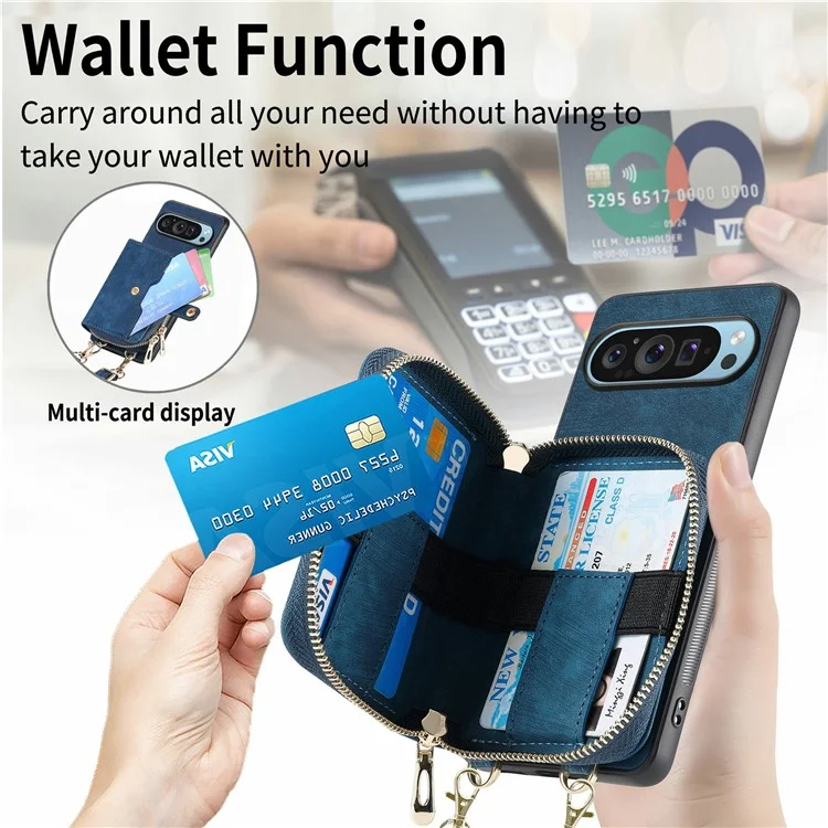Für Google Pixel 9 Pro XL Hülle Zipper -kartenhalter PU Leather Telefon Zurück Mit Langem Riemen - Schwarz