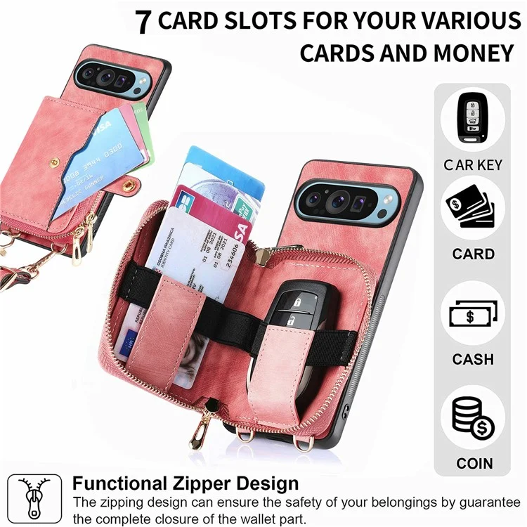 Für Google Pixel 9 Pro XL Hülle Zipper -kartenhalter PU Leather Telefon Zurück Mit Langem Riemen - Schwarz