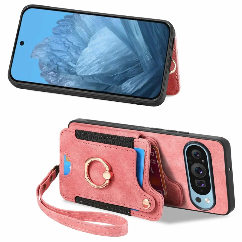 Para o Google Pixel 9 Pro XL Case RFID Bloqueio de Bolsa+tpu Slots de Cartão de Capa de Telefone Tpu, Suporte Para Anel - Rosa