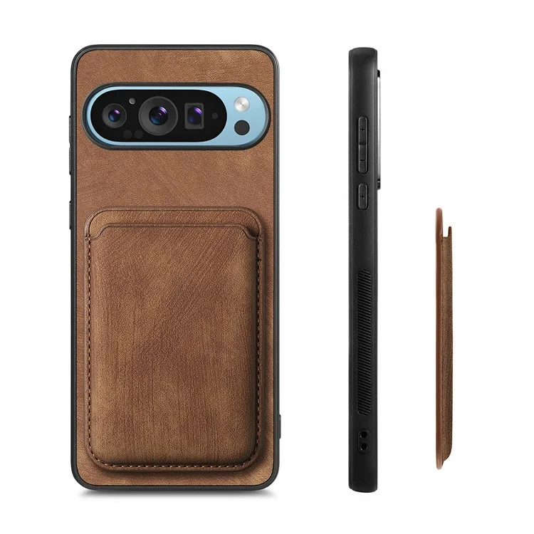 Para Google Pixel 9 Pro XL Case Leather+TPU Retro Telep Cover Con Ranura de Tarjeta Desmontable - Marrón