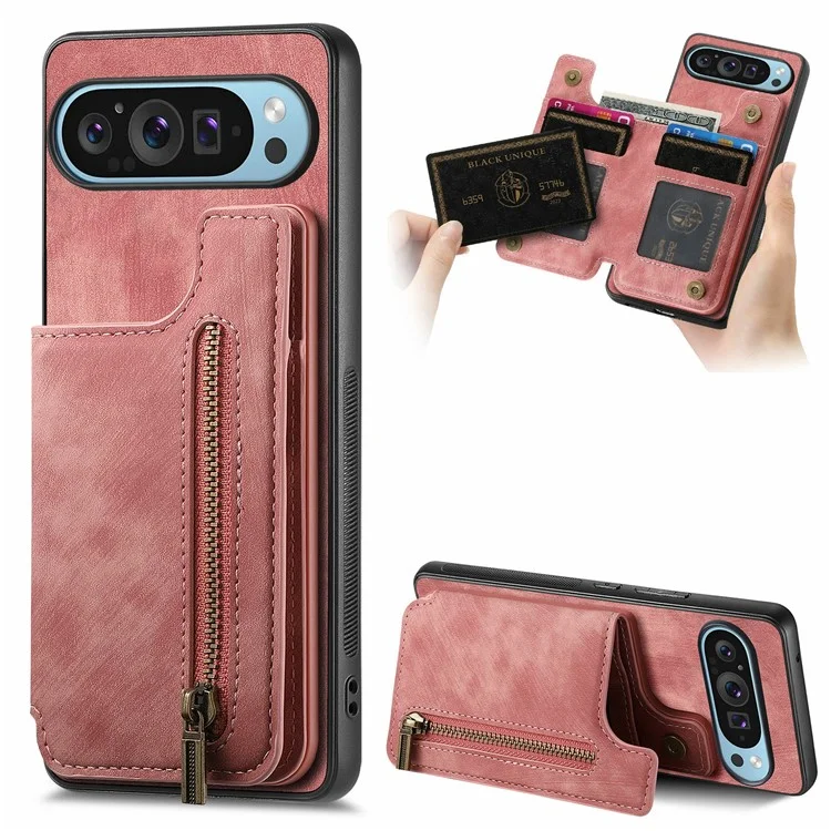 Pour Google Pixel 9 Pro XL Case Avec Support de Carte en Cuir Rétro + Couverture de Téléphone à Glissière Tpu - Rose
