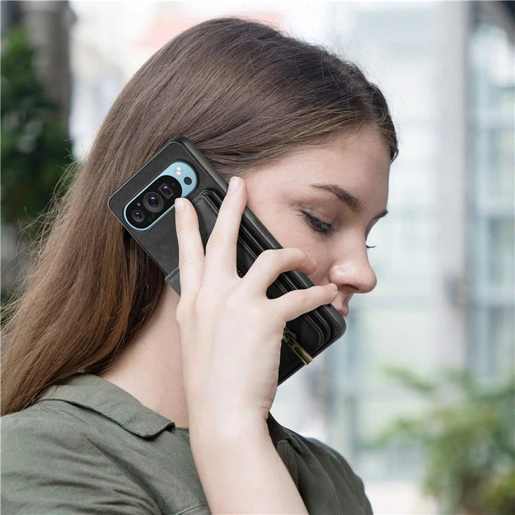 Pour Google Pixel 9 Pro XL Case Avec Support de Carte en Cuir Rétro + Couverture de Téléphone à Glissière Tpu - Rose