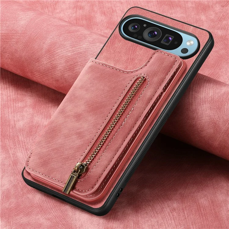 Pour Google Pixel 9 Pro XL Case Avec Support de Carte en Cuir Rétro + Couverture de Téléphone à Glissière Tpu - Rose