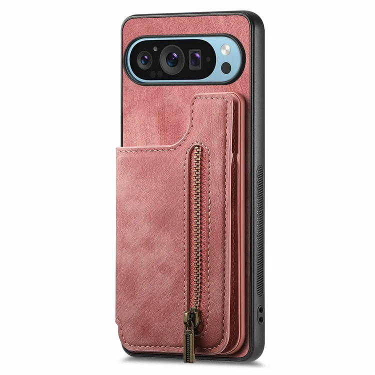 Pour Google Pixel 9 Pro XL Case Avec Support de Carte en Cuir Rétro + Couverture de Téléphone à Glissière Tpu - Rose