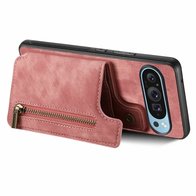 Pour Google Pixel 9 Pro XL Case Avec Support de Carte en Cuir Rétro + Couverture de Téléphone à Glissière Tpu - Rose