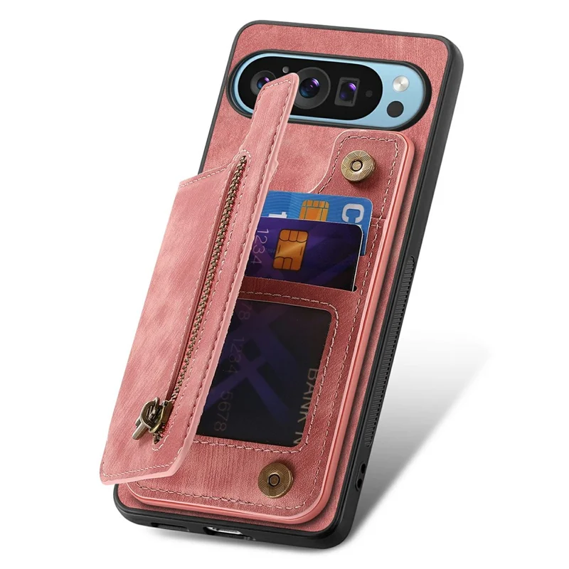 Pour Google Pixel 9 Pro XL Case Avec Support de Carte en Cuir Rétro + Couverture de Téléphone à Glissière Tpu - Rose