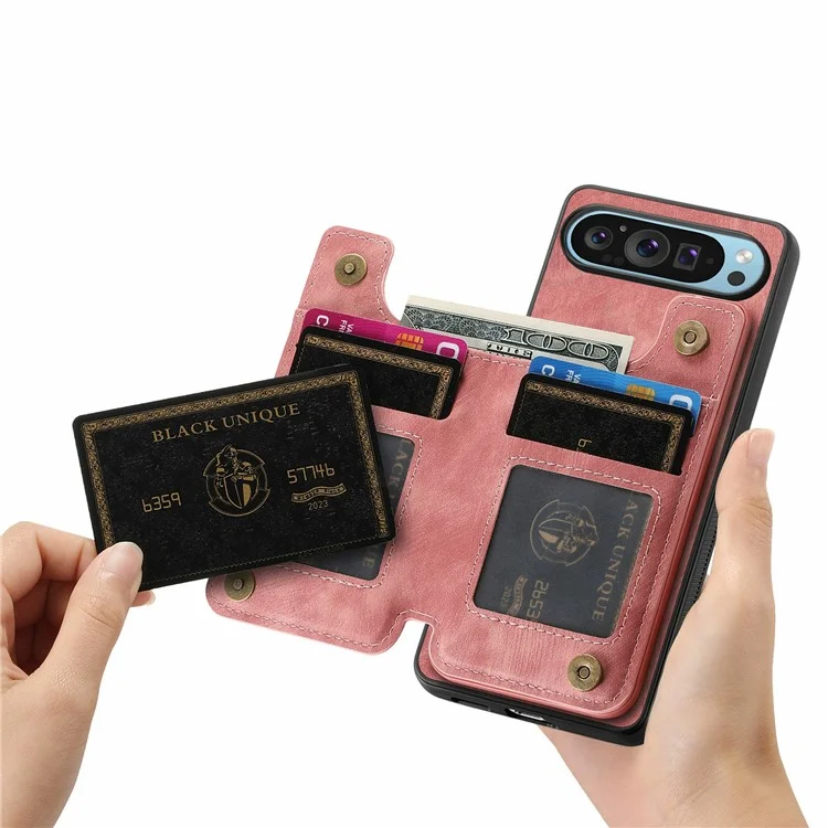 Pour Google Pixel 9 Pro XL Case Avec Support de Carte en Cuir Rétro + Couverture de Téléphone à Glissière Tpu - Rose