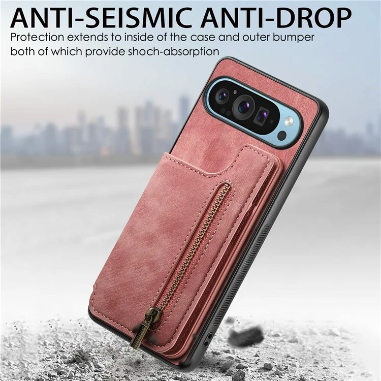 Pour Google Pixel 9 Pro XL Case Avec Support de Carte en Cuir Rétro + Couverture de Téléphone à Glissière Tpu - Rose
