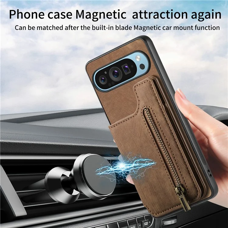 Pour Google Pixel 9 Pro XL Case Avec Support de Carte en Cuir Rétro + Couverture de Téléphone à Glissière Tpu - Rose