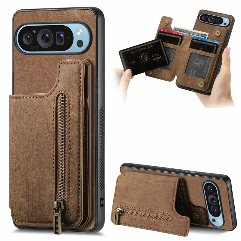 For Google Pixel 9 Pro XL Case with Card Holder Retro Leather+TPU Zipper Phone Cover - Brown