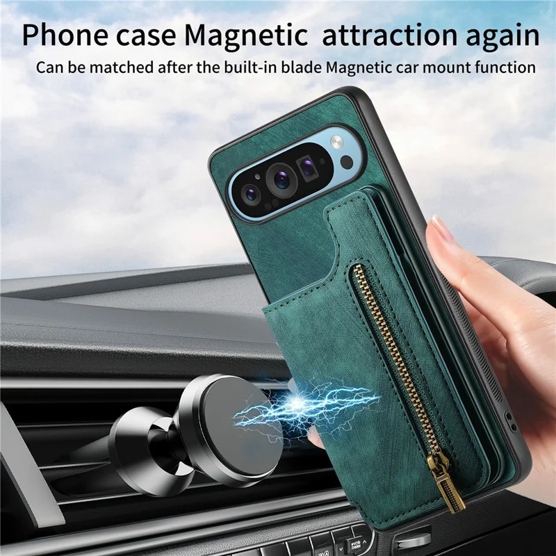 For Google Pixel 9 Pro XL Case with Card Holder Retro Leather+TPU Zipper Phone Cover - Brown