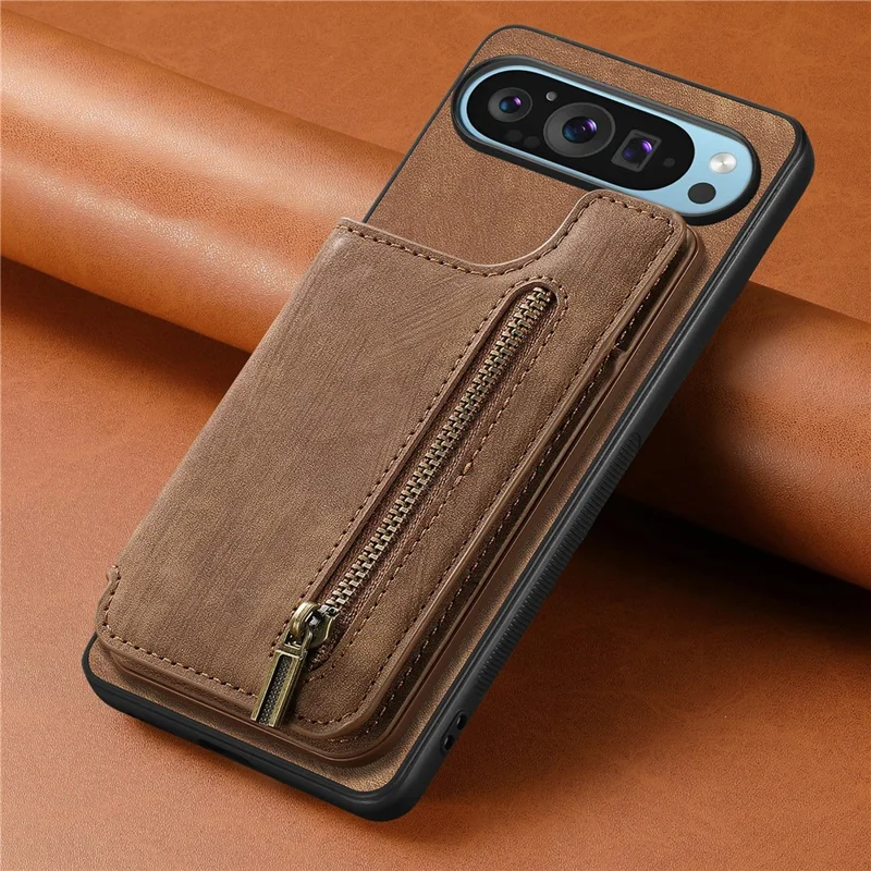 For Google Pixel 9 Pro XL Case with Card Holder Retro Leather+TPU Zipper Phone Cover - Brown