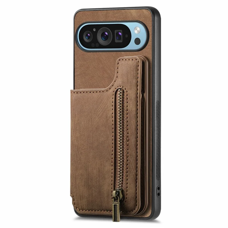 For Google Pixel 9 Pro XL Case with Card Holder Retro Leather+TPU Zipper Phone Cover - Brown