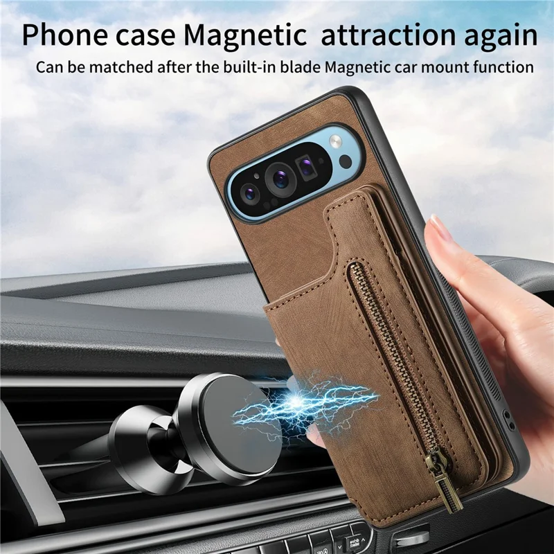 For Google Pixel 9 Pro XL Case with Card Holder Retro Leather+TPU Zipper Phone Cover - Brown