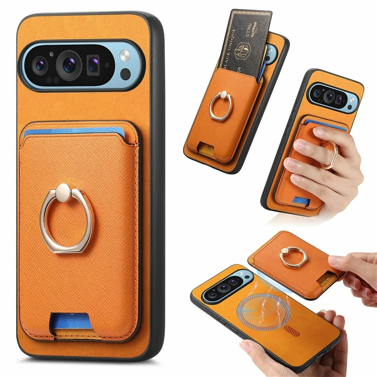 Für Google Pixel 9 Pro XL Magnetic Case Leder+tpu -telefonabdeckung Abnehmbarer Kartenbeutel - Orange