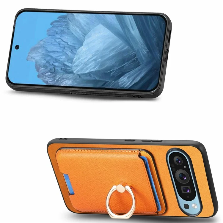 Für Google Pixel 9 Pro XL Magnetic Case Leder+tpu -telefonabdeckung Abnehmbarer Kartenbeutel - Orange