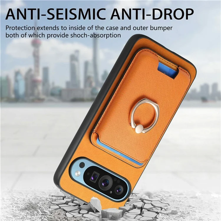 Für Google Pixel 9 Pro XL Magnetic Case Leder+tpu -telefonabdeckung Abnehmbarer Kartenbeutel - Orange