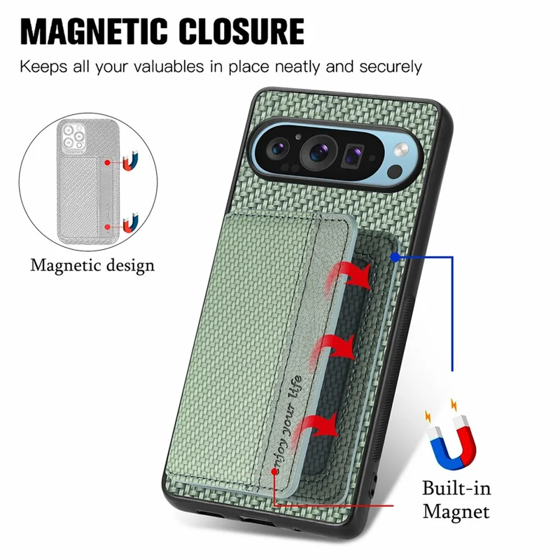 Para Google Pixel 9 Pro XL Case Rfid Bloqueo de la Tarjeta de Bloqueo de Cuero de Fibra de Carbono+pc+tpu Teléfono Cubierta - Verde