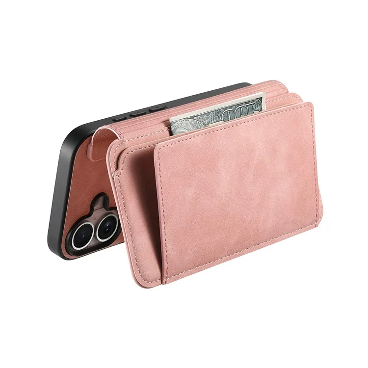 For iPhone 16 Plus Magnetic Leather Case with Detachable RFID Blocking Zipper Wallet Cover - Pink