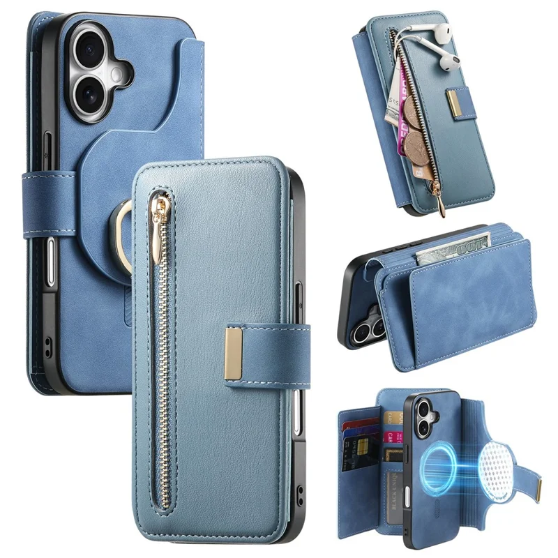 For iPhone 16 Plus Magnetic Leather Case with Detachable RFID Blocking Zipper Wallet Cover - Blue