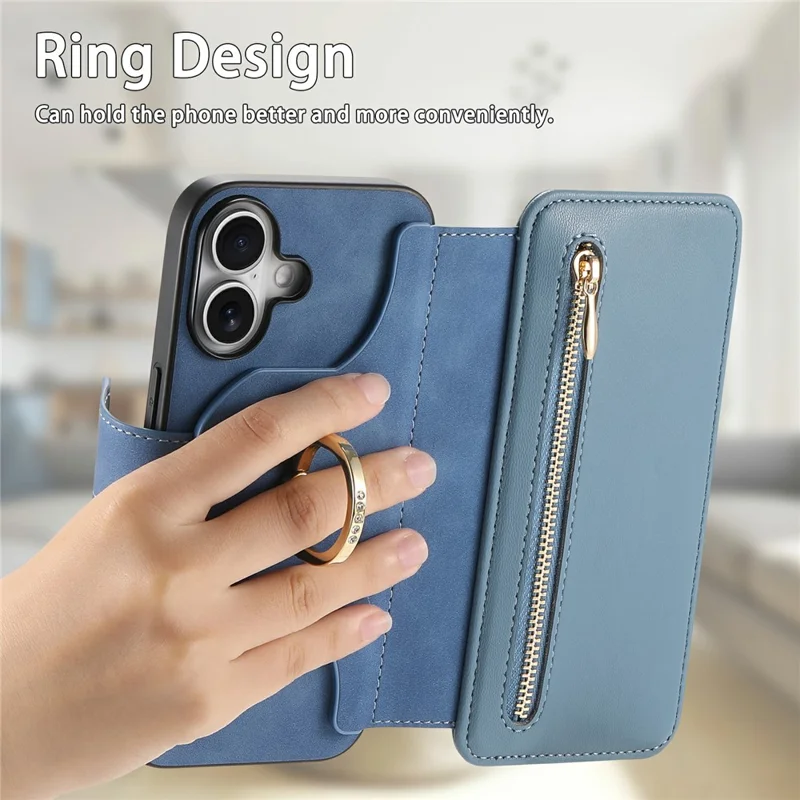For iPhone 16 Plus Magnetic Leather Case with Detachable RFID Blocking Zipper Wallet Cover - Blue