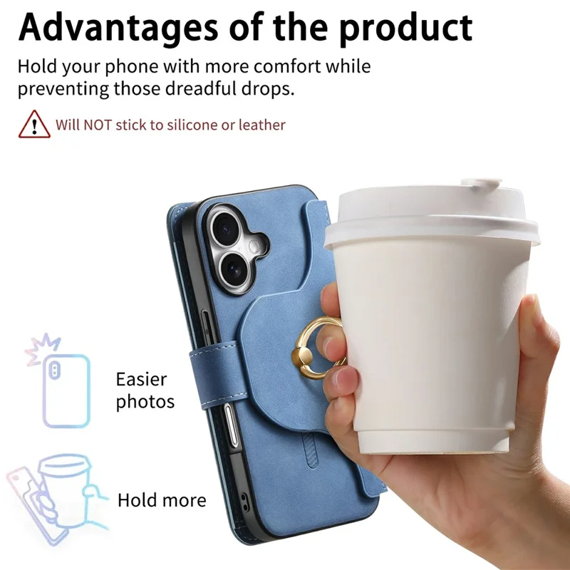 For iPhone 16 Plus Magnetic Leather Case with Detachable RFID Blocking Zipper Wallet Cover - Blue