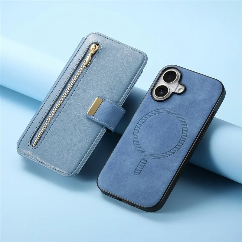 For iPhone 16 Plus Magnetic Leather Case with Detachable RFID Blocking Zipper Wallet Cover - Blue