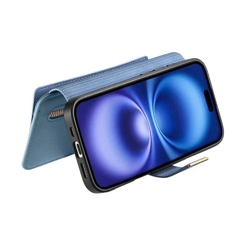 For iPhone 16 Plus Magnetic Leather Case with Detachable RFID Blocking Zipper Wallet Cover - Blue