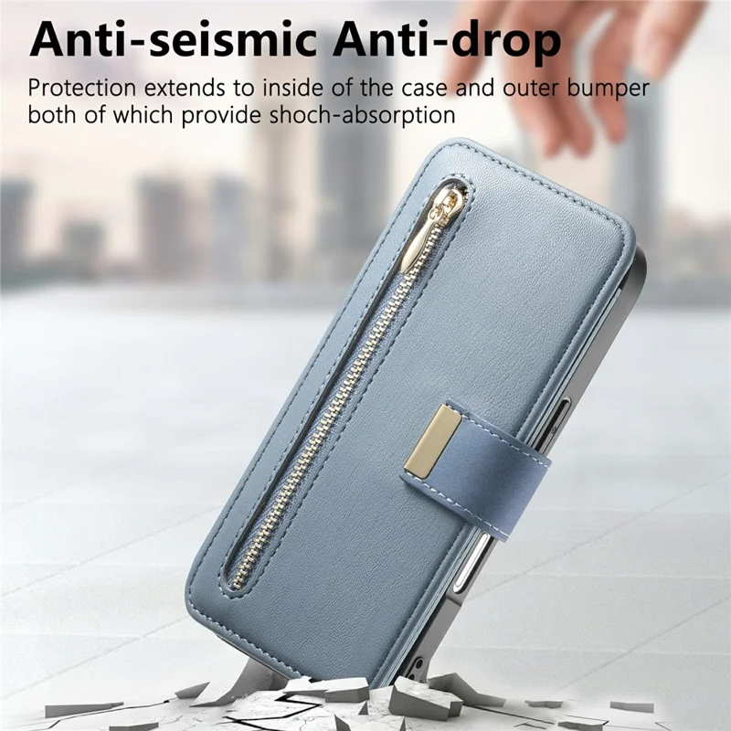 For iPhone 16 Plus Magnetic Leather Case with Detachable RFID Blocking Zipper Wallet Cover - Blue