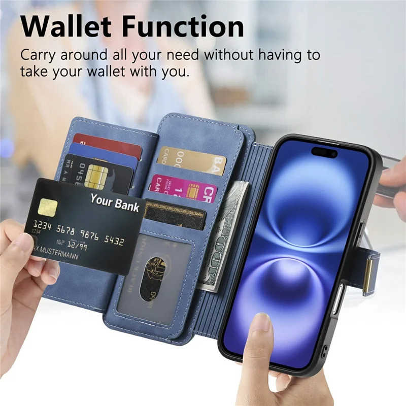 For iPhone 16 Plus Magnetic Leather Case with Detachable RFID Blocking Zipper Wallet Cover - Blue