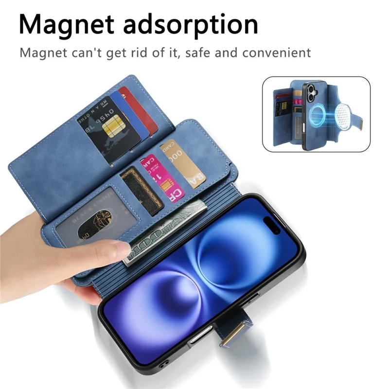 For iPhone 16 Plus Magnetic Leather Case with Detachable RFID Blocking Zipper Wallet Cover - Blue