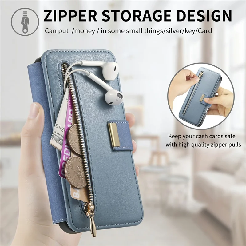 For iPhone 16 Plus Magnetic Leather Case with Detachable RFID Blocking Zipper Wallet Cover - Blue