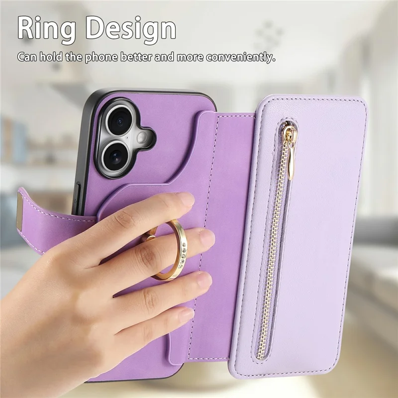 For iPhone 16 Plus Magnetic Leather Case with Detachable RFID Blocking Zipper Wallet Cover - Purple