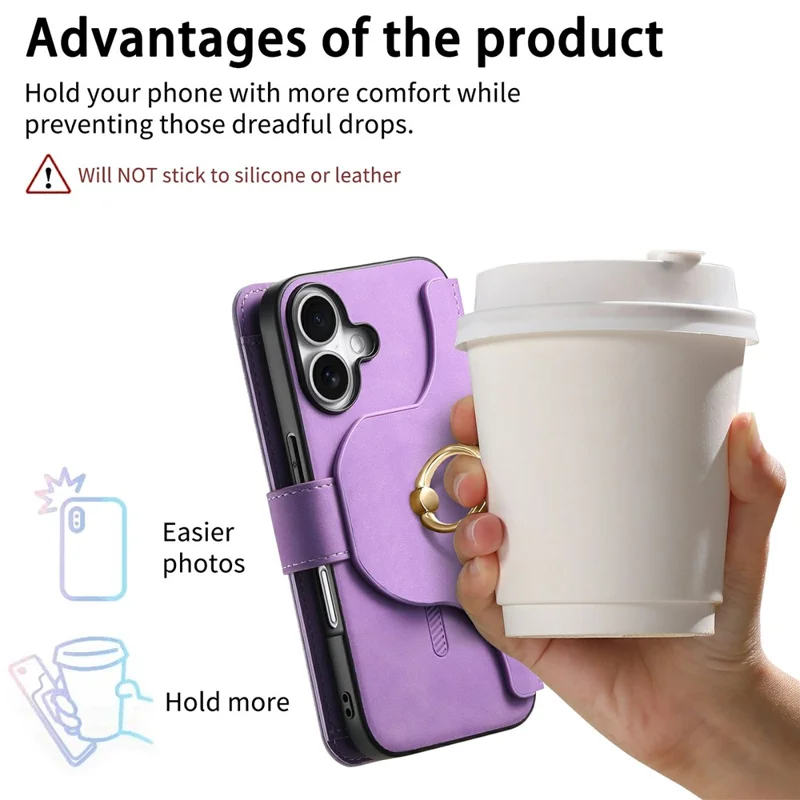 For iPhone 16 Plus Magnetic Leather Case with Detachable RFID Blocking Zipper Wallet Cover - Purple