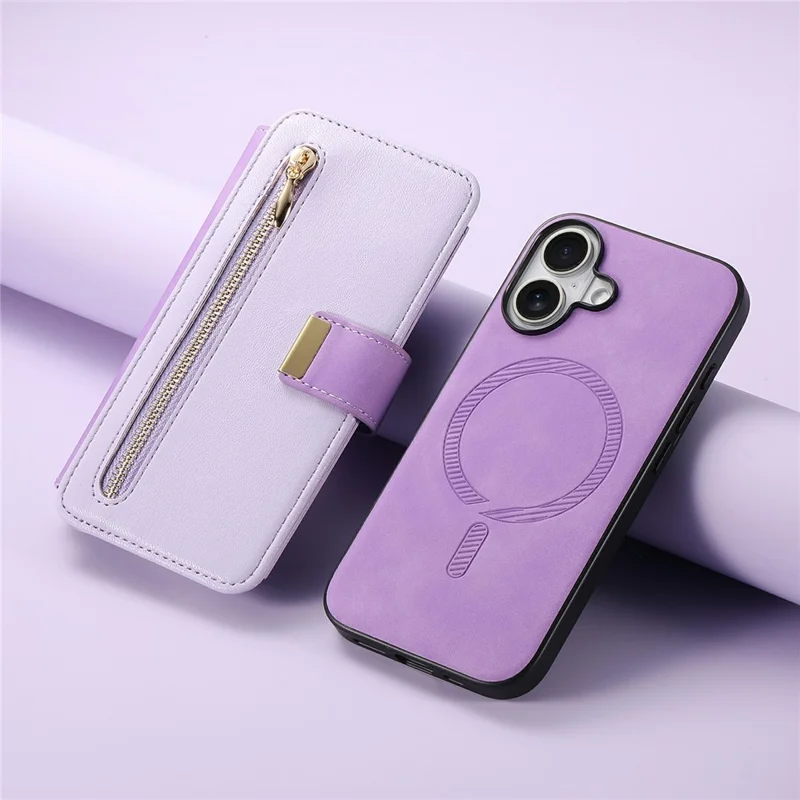 For iPhone 16 Plus Magnetic Leather Case with Detachable RFID Blocking Zipper Wallet Cover - Purple
