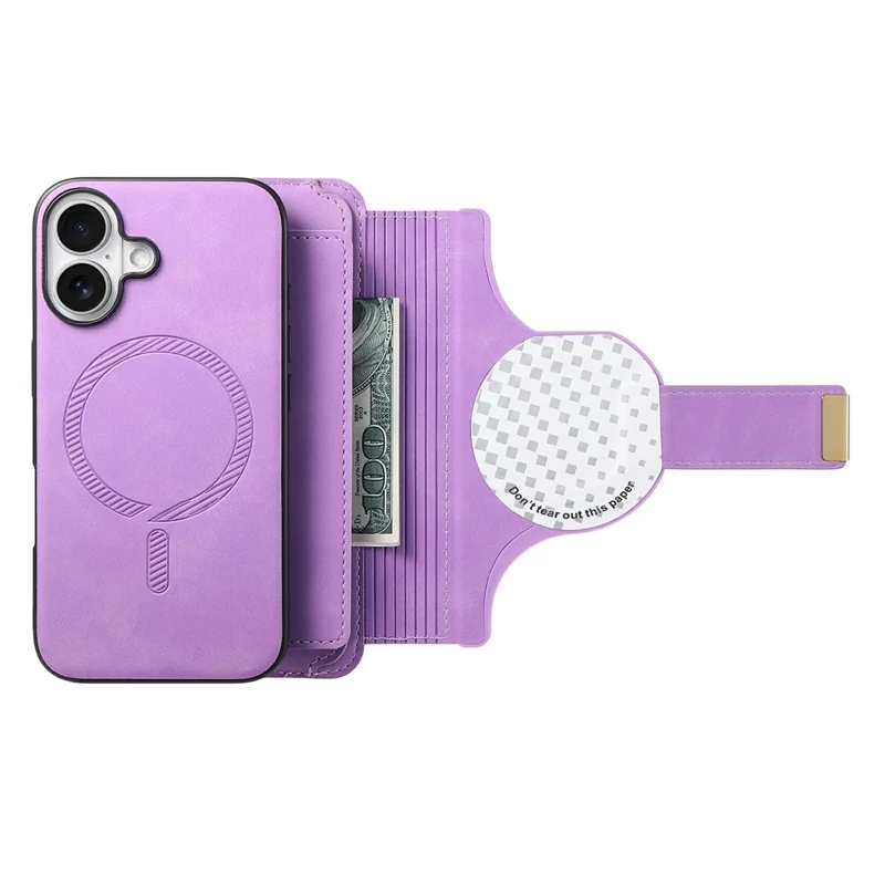 For iPhone 16 Plus Magnetic Leather Case with Detachable RFID Blocking Zipper Wallet Cover - Purple